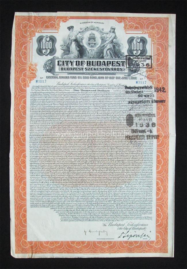 Budapest Székesfõváros kötvénye 1000 USA dollár 1927
